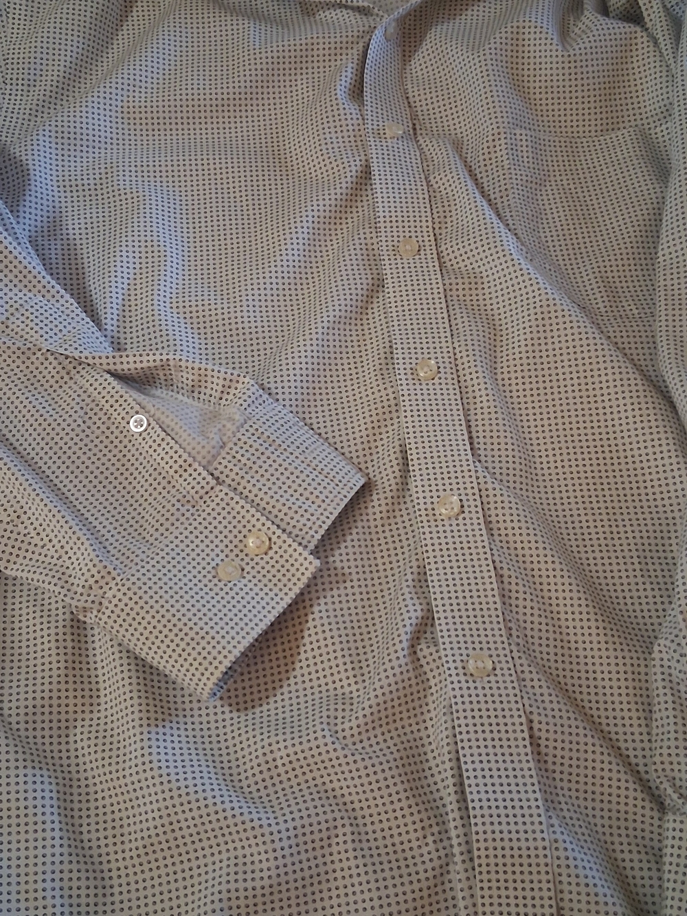 Michael Kors Beige Button-Up Dress Shirt with Navy Micro-Dots 34/35 260914
